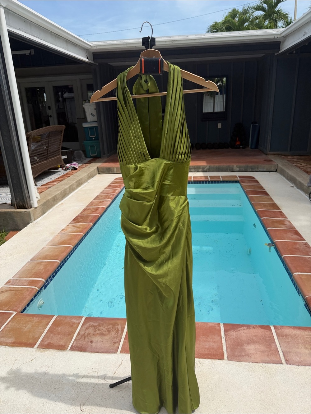 Olive Green Halter Satin Prom Dress